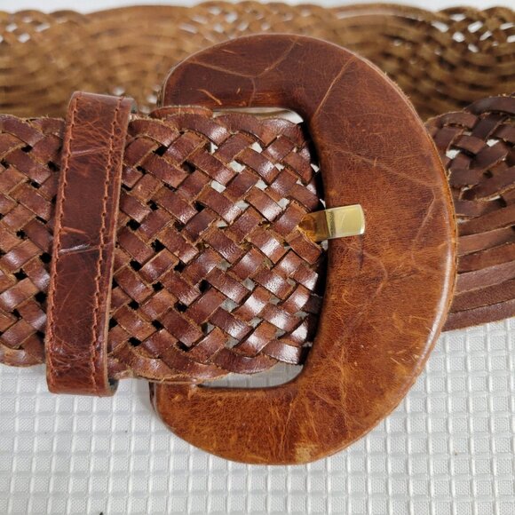 Furla Womens Sz L Belt Adjustable Wide Woven Made In Italy Genuine Leather Brown - Picture 4 of 8